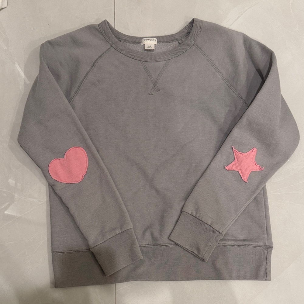 J. Crew Gray Sweatshirt with Pink Heart and Star Patches